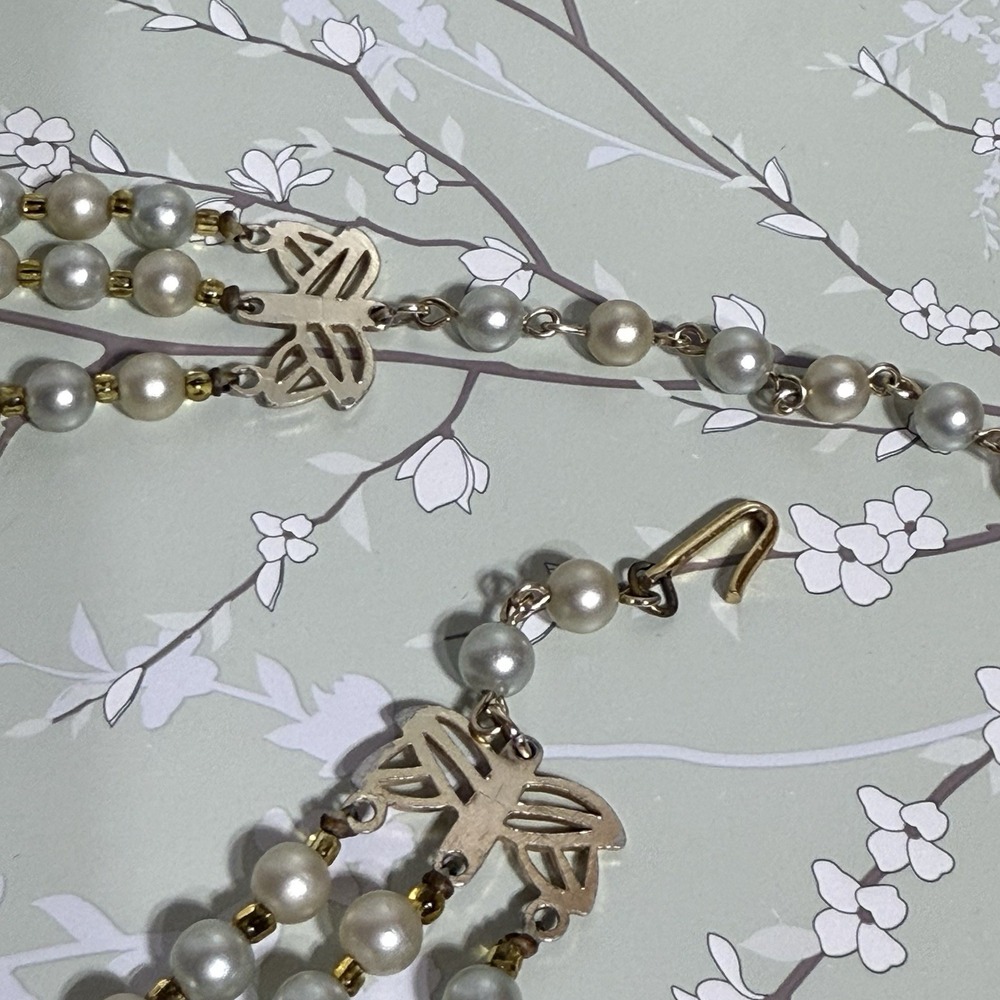VTG Necklace Multi-Strand Signed JAPAN Gold Tone Faux Pearl Shepherd Hook Estate - Picture 9 of 12